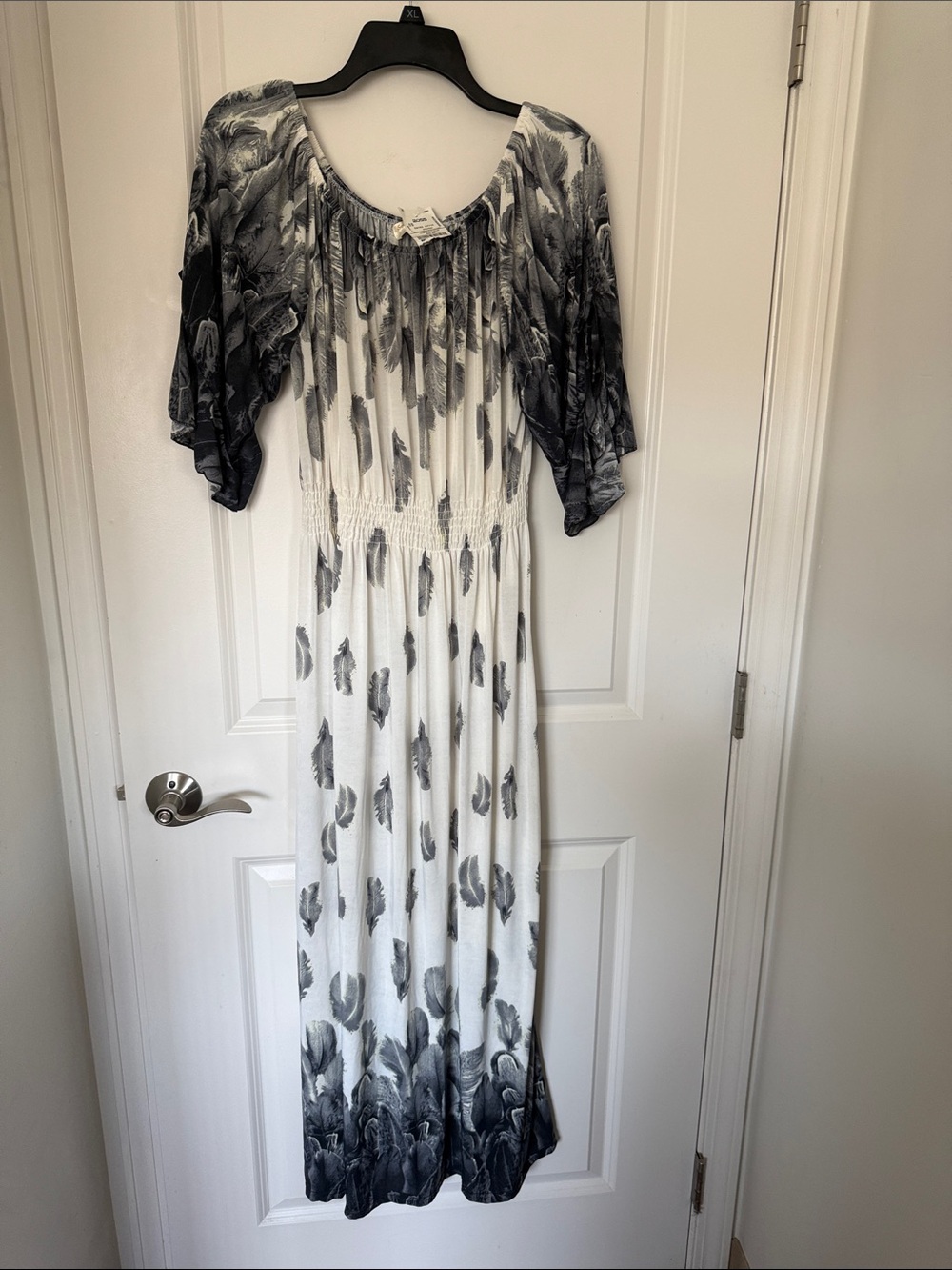 White and Gray Feather-Print Maxi Dress